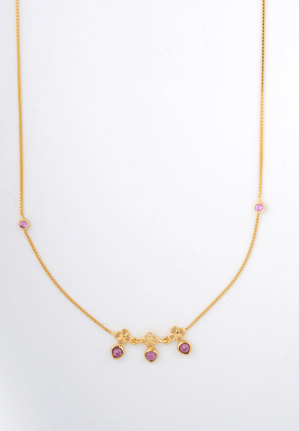 Clover Pink Gemstone Drop 18KT Necklace