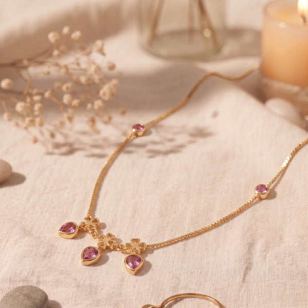 Clover Pink Gemstone Drop 18KT Necklace