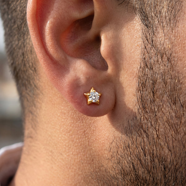 18Kt Gold Star Stone Single Stud Earring for Men