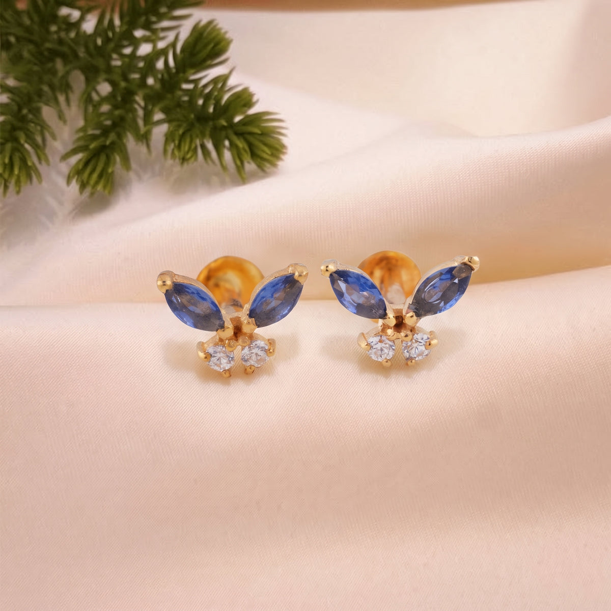 Yellow Gold Blue Stone 18KT Diamond Stud Earring