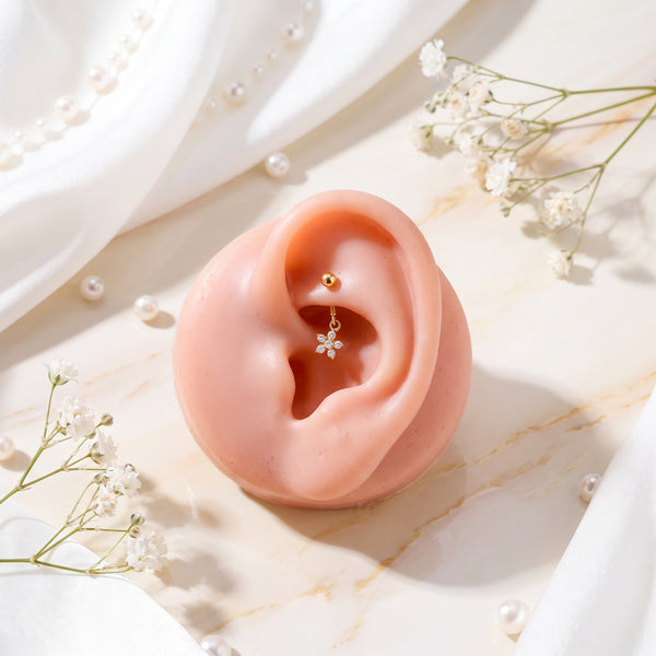 18KT Cartilage Stud with Diamond Petal Charm