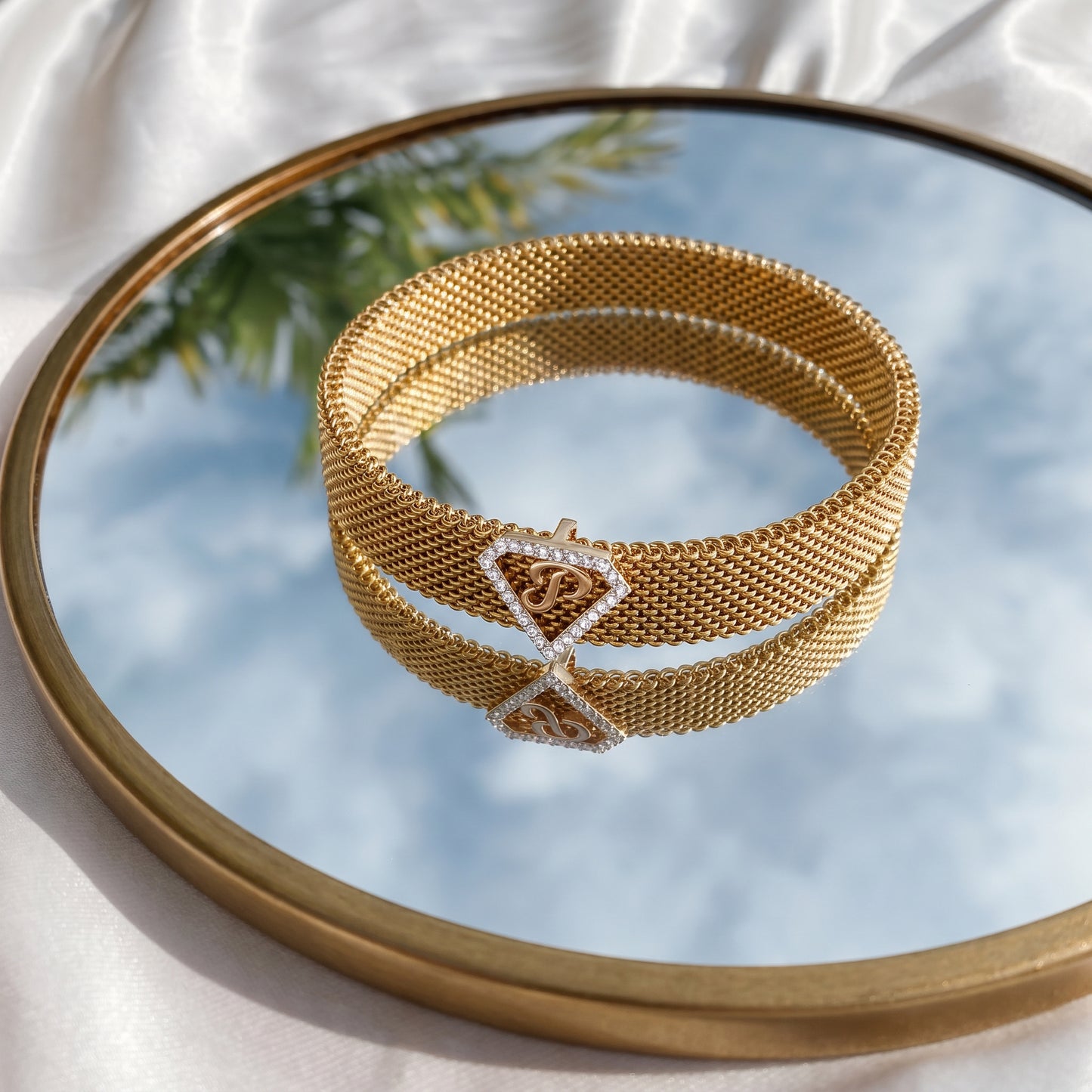 P Initial Diamond 18kt Rose Gold Mesh Bracelet for Men