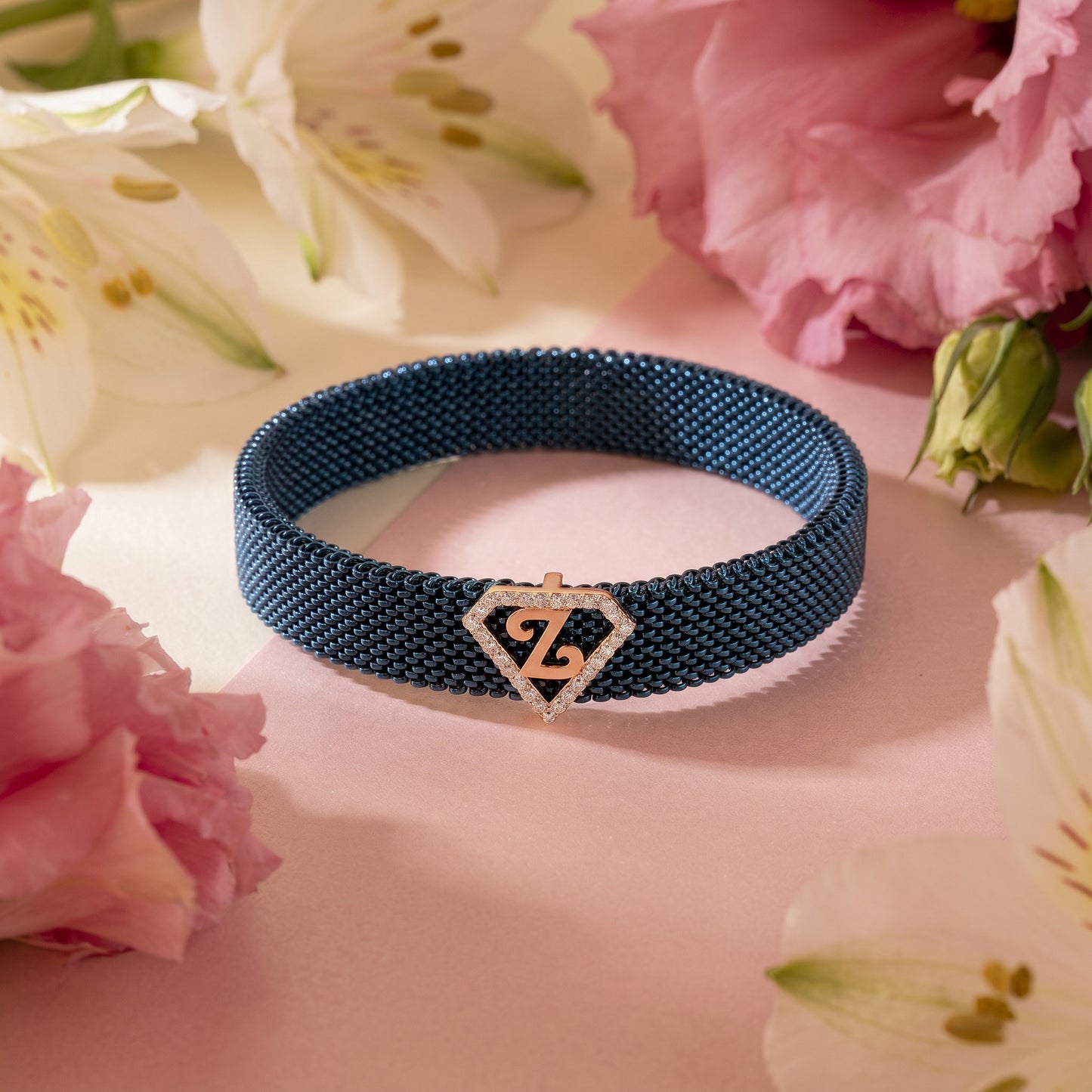 Z Initial Diamond 18kt Rose Gold Blue Mesh Bracelet for Men