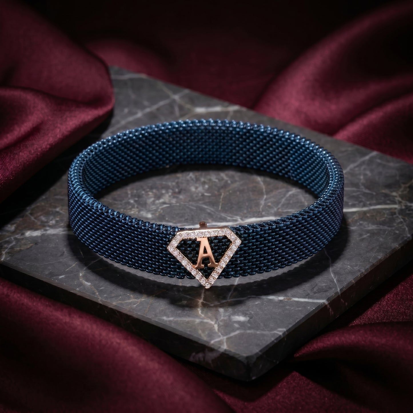 A Initial Diamond 18kt Rose Gold Blue Mesh Bracelet for Men