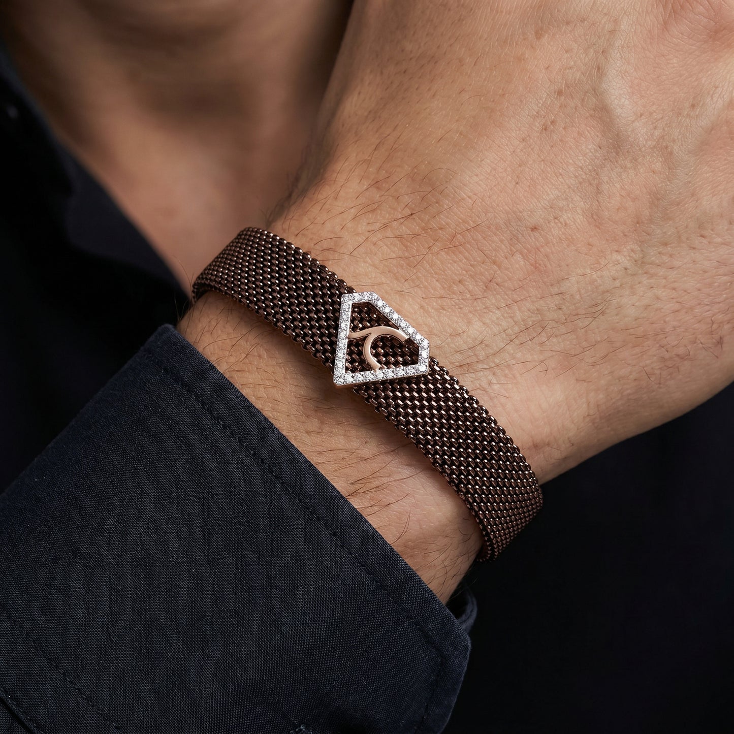C Initial Diamond 18kt Rose Gold Mesh Bracelet for Men