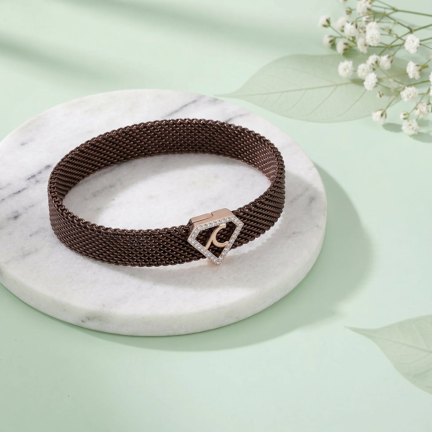 C Initial Diamond 18kt Rose Gold Mesh Bracelet for Men
