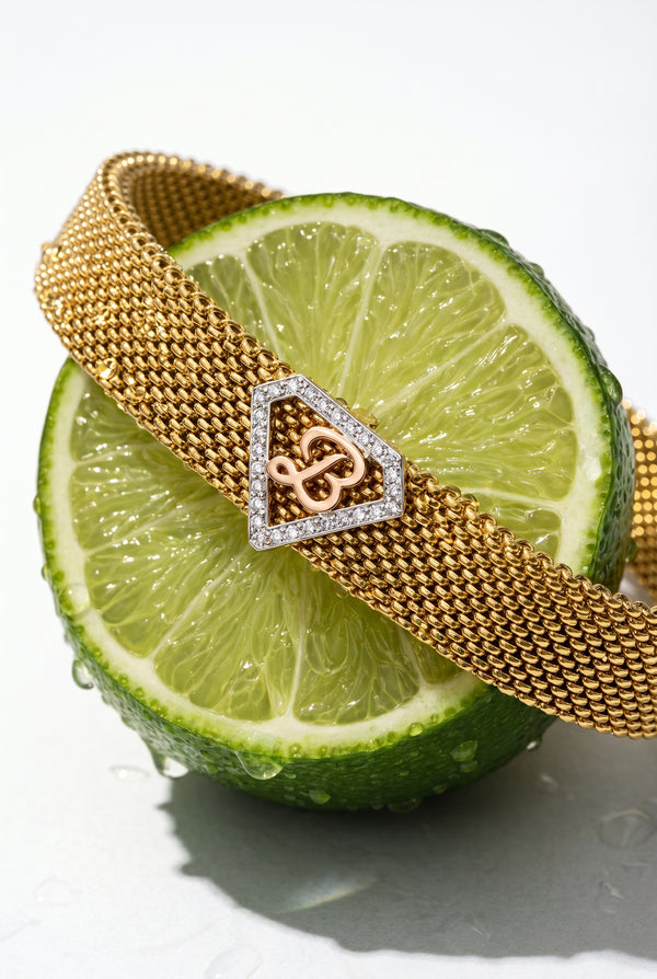 B Initial Diamond 18kt Rose Gold Mesh Bracelet for Men