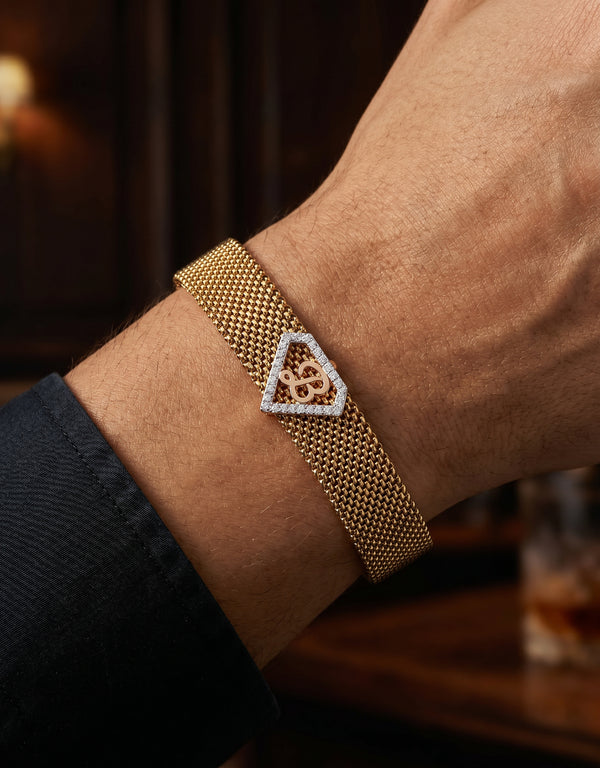 B Initial Diamond 18kt Rose Gold Mesh Bracelet for Men