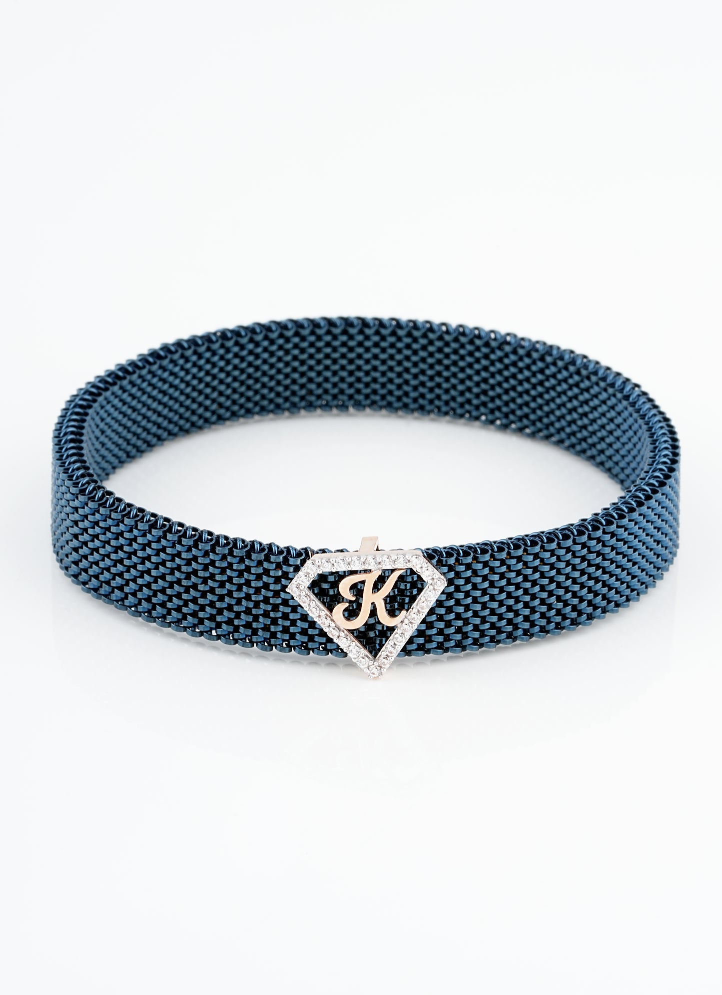 K Initial Diamond 18kt Rose Gold Mesh Bracelet for Men