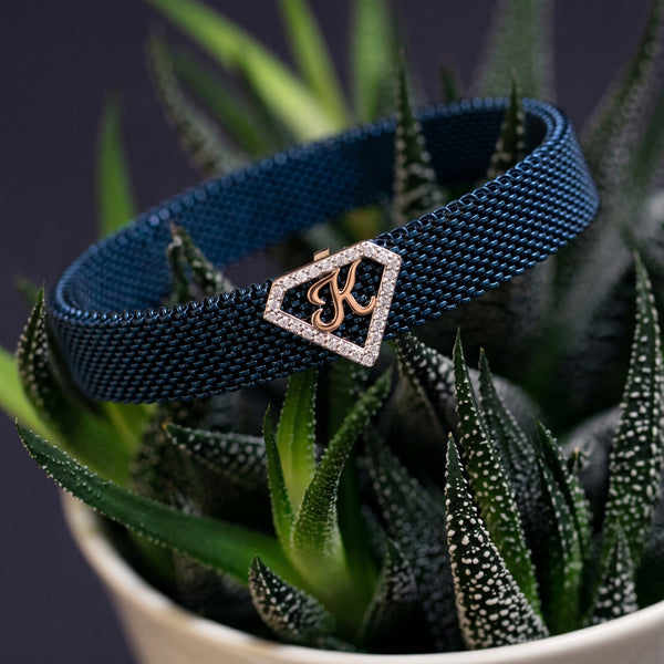 K Initial Diamond 18kt Rose Gold Mesh Bracelet for Men