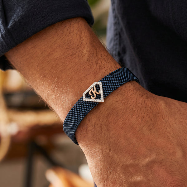 K Initial Diamond 18kt Rose Gold Mesh Bracelet for Men
