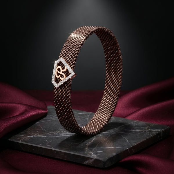 R Initial Diamond 18kt Rose Gold Mesh Brown Bracelet for Men