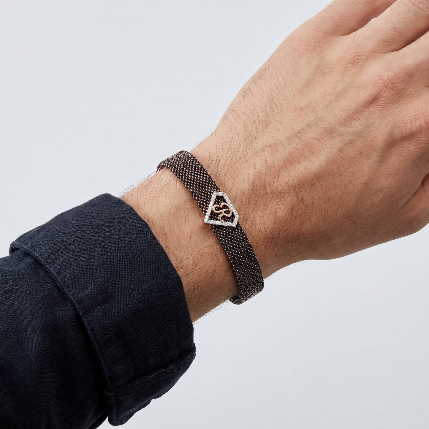 R Initial Diamond 18kt Rose Gold Mesh Brown Bracelet for Men