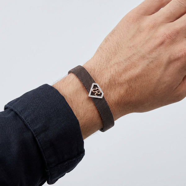 R Initial Diamond 18kt Rose Gold Mesh Brown Bracelet for Men
