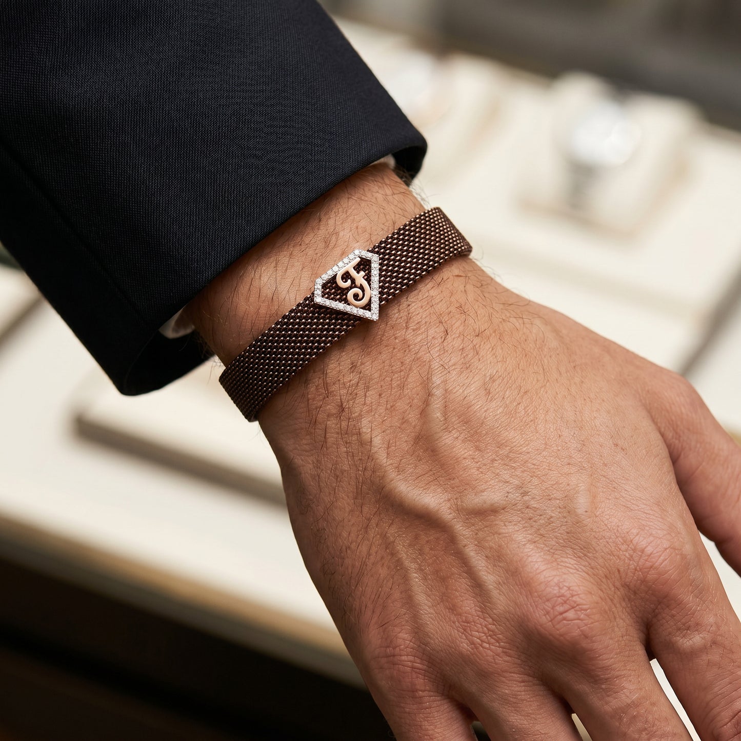 F Initial Diamond 18kt Rose Gold Brown Mesh Bracelet for Men