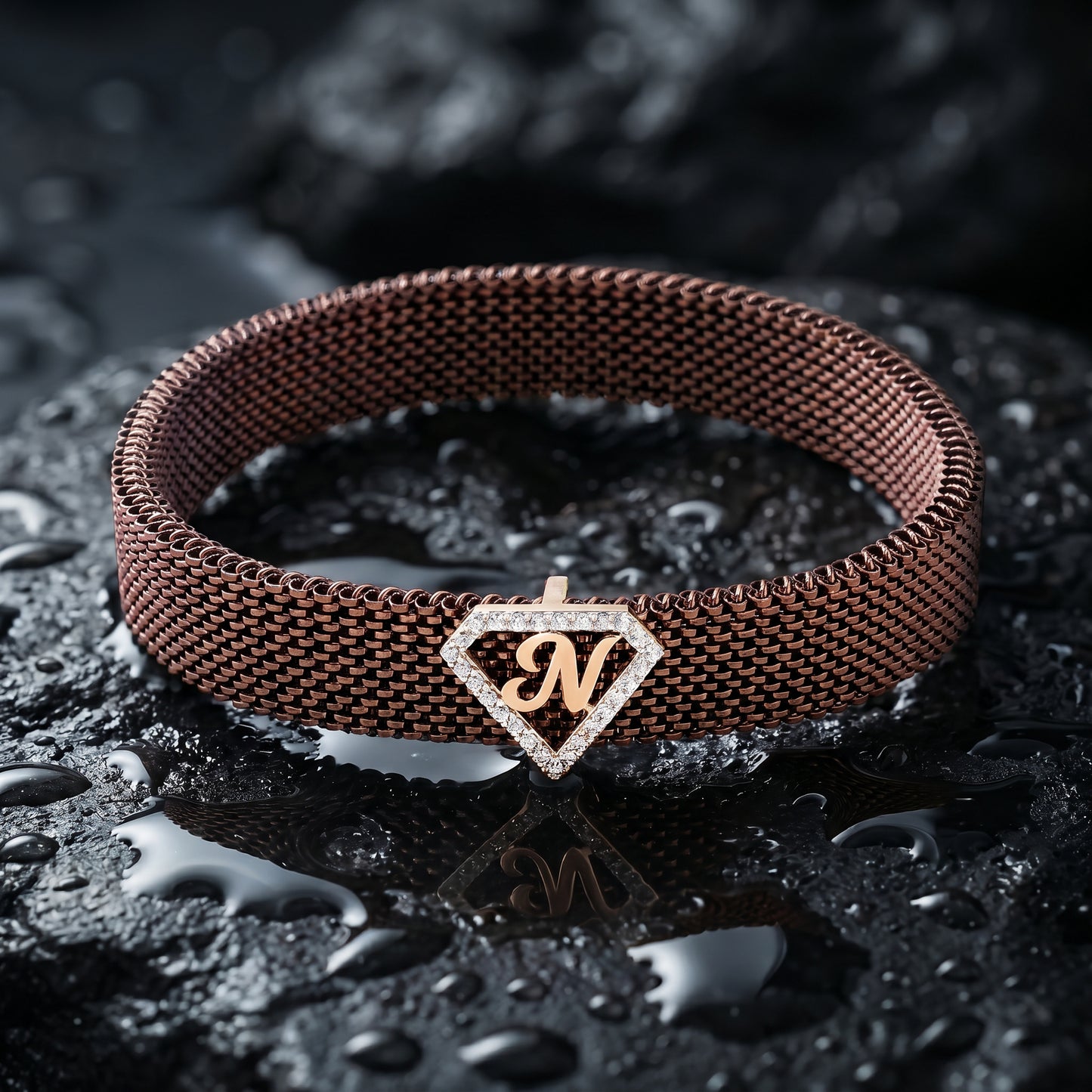 N Initial Diamond 18kt Rose Gold Mesh Bracelet for Men