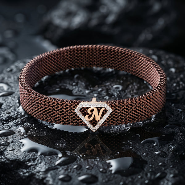 N Initial Diamond 18kt Rose Gold Mesh Bracelet for Men