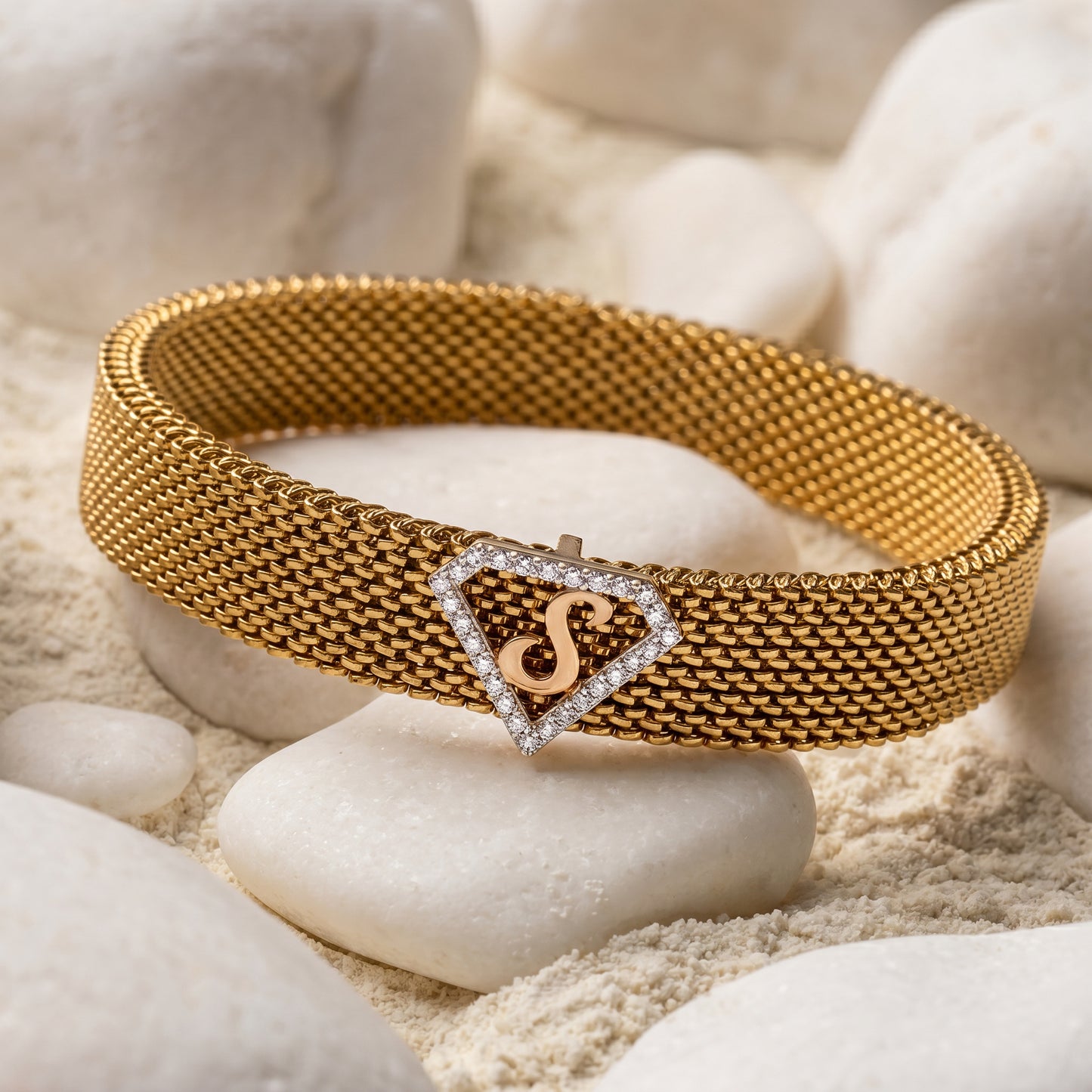 S Initial Diamond 18kt Rose Gold Mesh Bracelet for Men