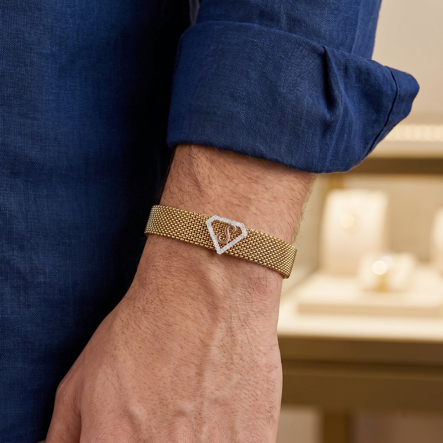 S Initial Diamond 18kt Rose Gold Mesh Bracelet for Men