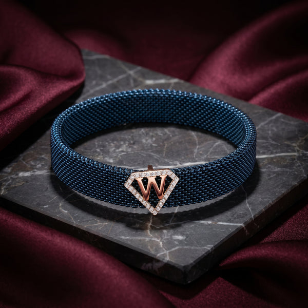 W Initial Diamond 18kt Rose Gold Blue Mesh Bracelet for Men