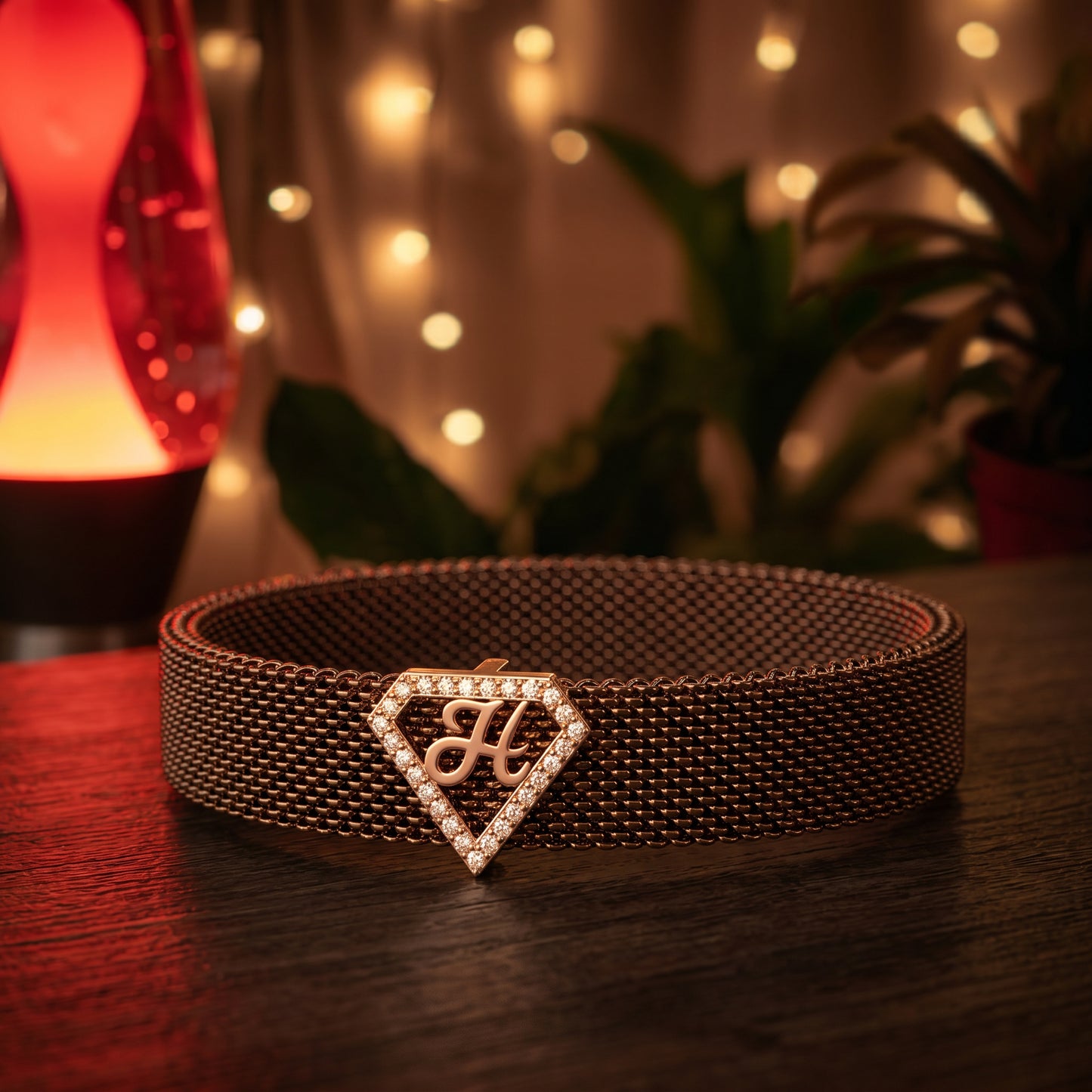 H Initial Diamond 18kt Rose Gold Mesh Bracelet for Men