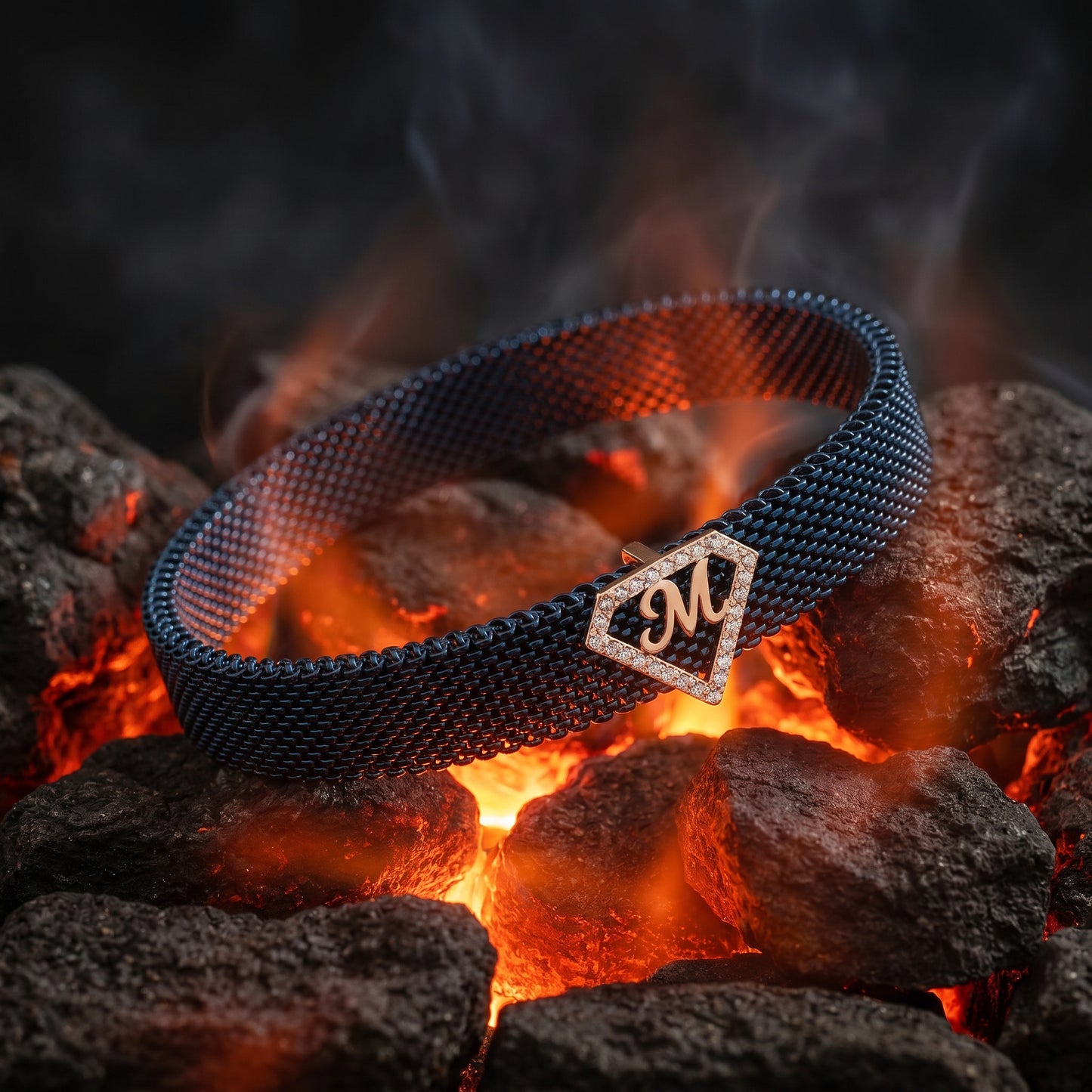 M Initial Diamond 18kt Rose Gold Mesh Bracelet for Men