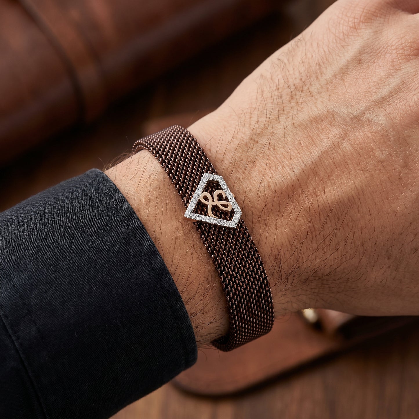 L Initial Diamond 18kt Rose Gold Mesh Bracelet for Men