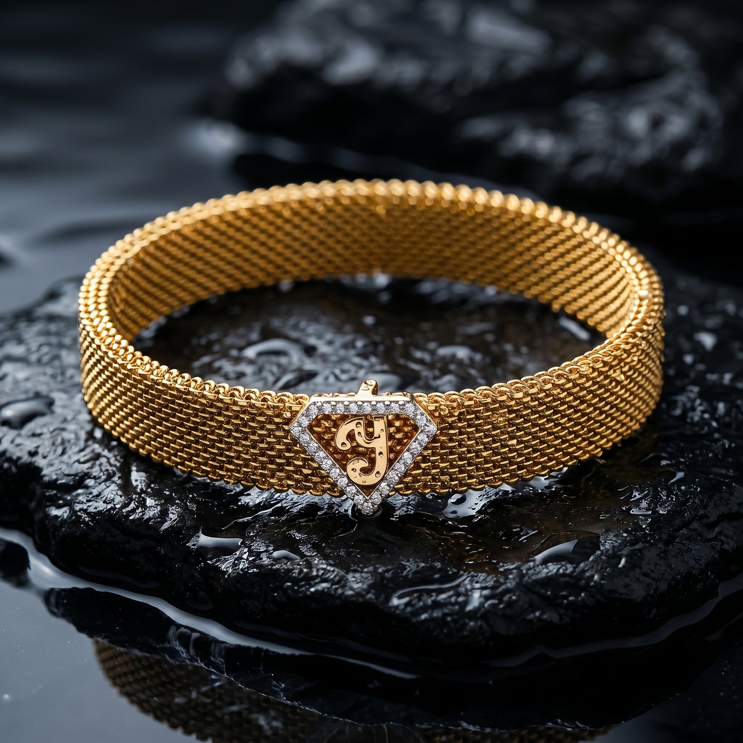 Y Initial Diamond 18kt Rose Gold Mesh Bracelet for Men