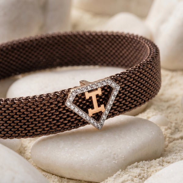 I Initial Diamond 18kt Rose Gold Mesh Bracelet for Men