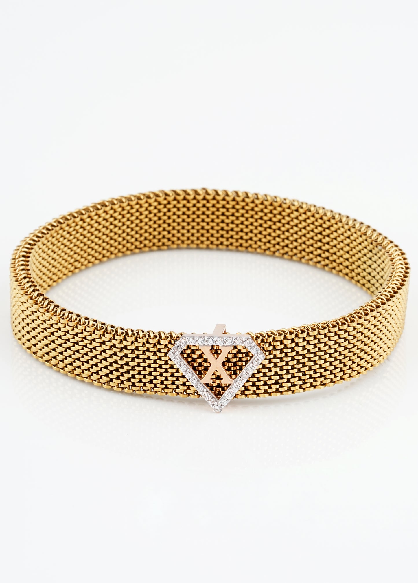 X Initial Diamond 18kt Rose Gold Mesh Bracelet for Men