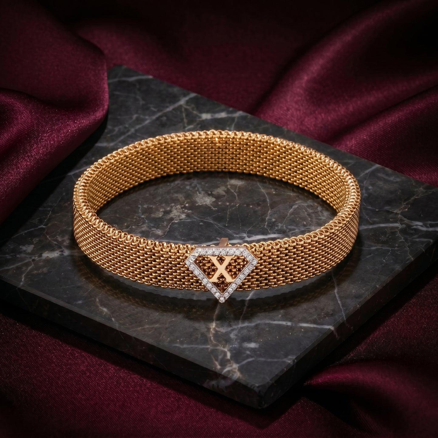 X Initial Diamond 18kt Rose Gold Mesh Bracelet for Men