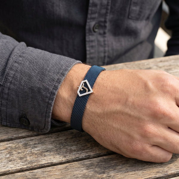 J Initial Diamond 18kt Rose Gold Blue Mesh Bracelet for Men