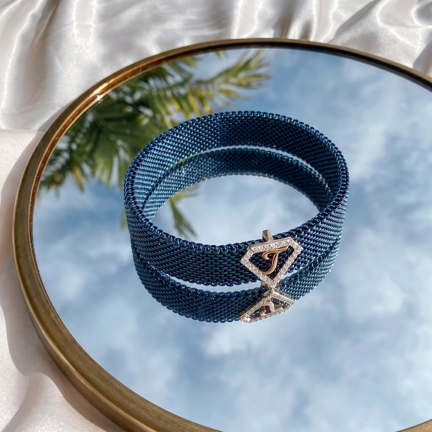 J Initial Diamond 18kt Rose Gold Blue Mesh Bracelet for Men
