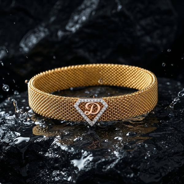 D Initial Diamond 18kt Rose Gold Mesh Bracelet for Men