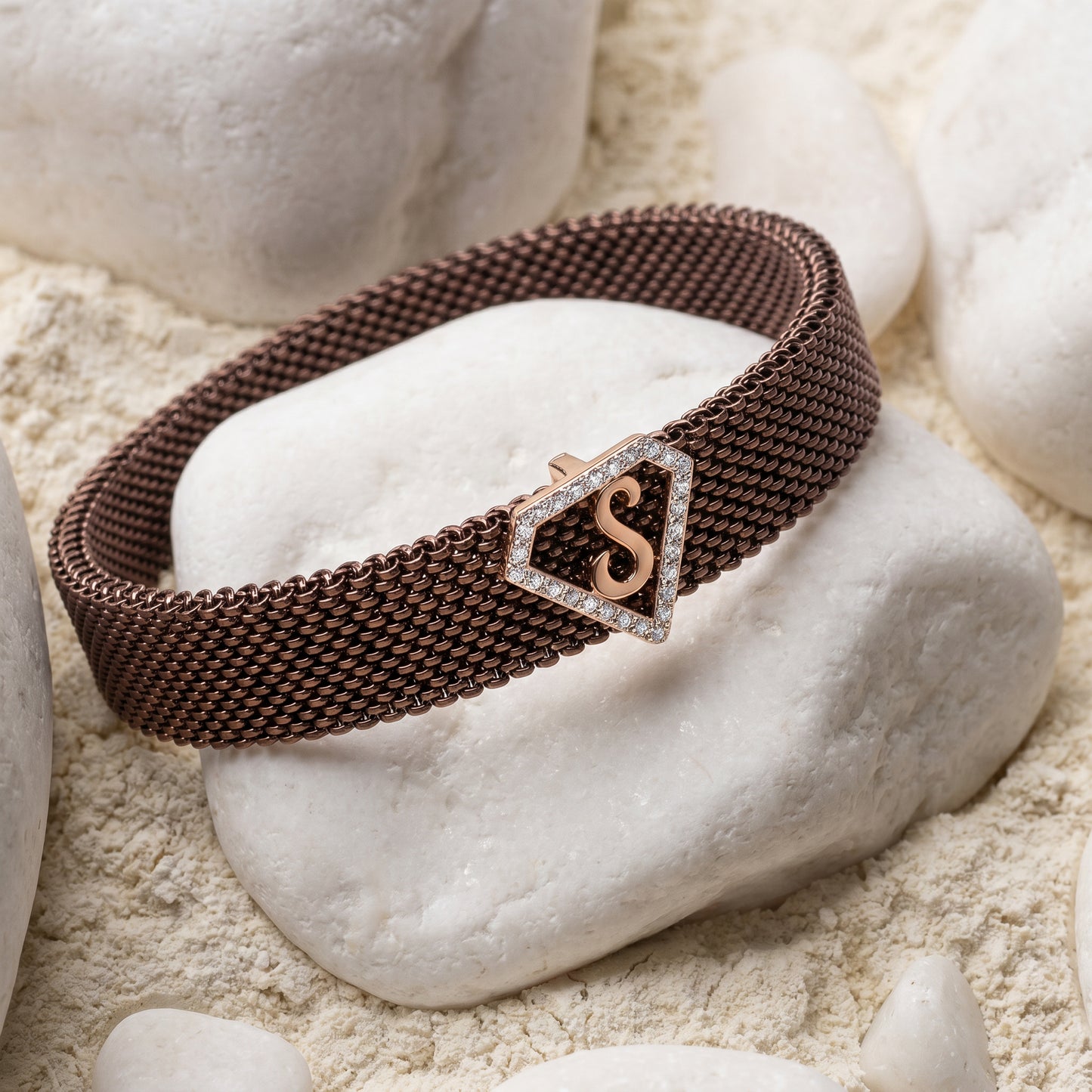 S Initial Diamond 18kt Rose Gold Mesh Brown Bracelet for Men