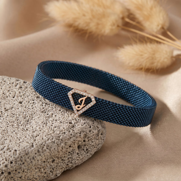 J Initial Diamond 18kt Rose Gold Blue Mesh Bracelet for Men