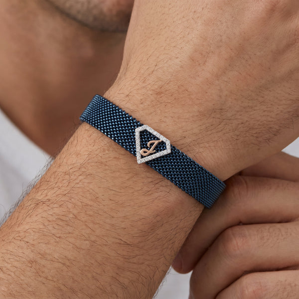 J Initial Diamond 18kt Rose Gold Blue Mesh Bracelet for Men