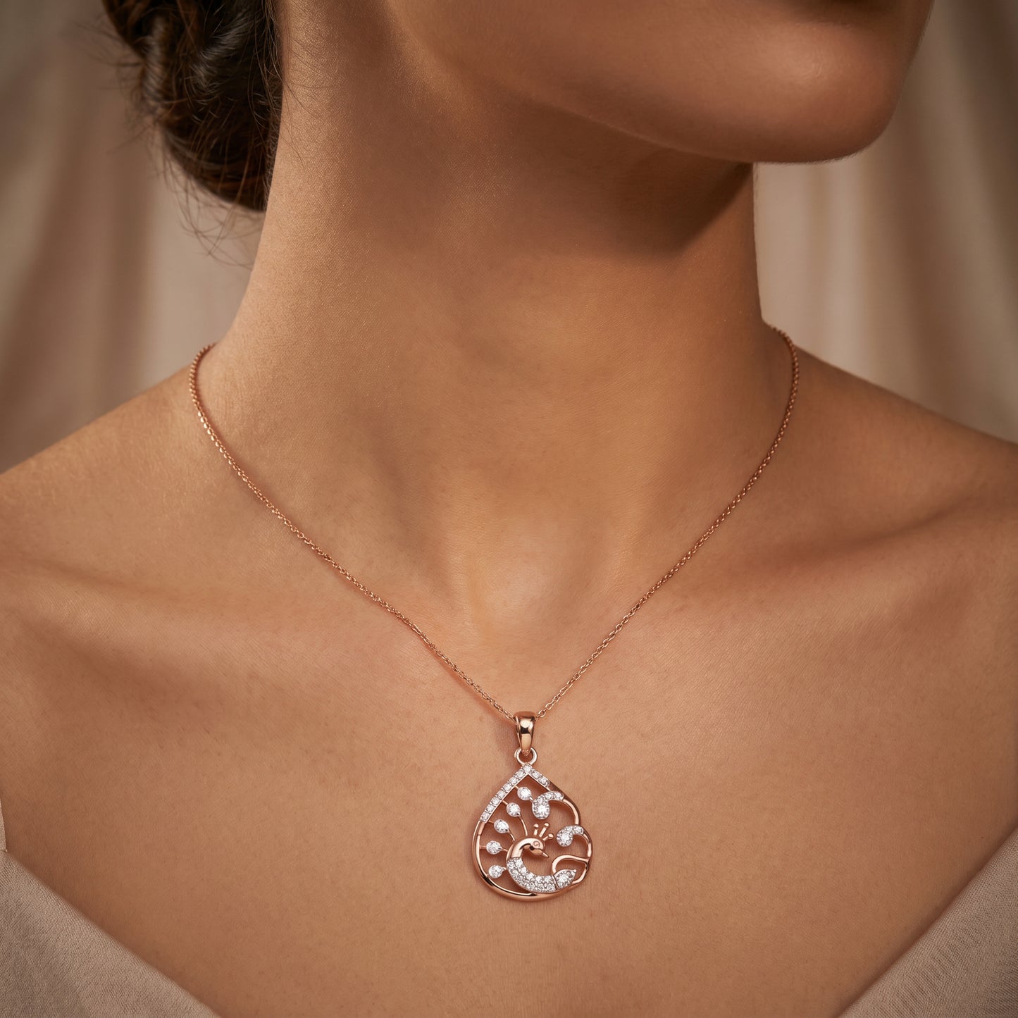 18kt Rose Gold Peacock Daily Wear Diamond Pendant for Women