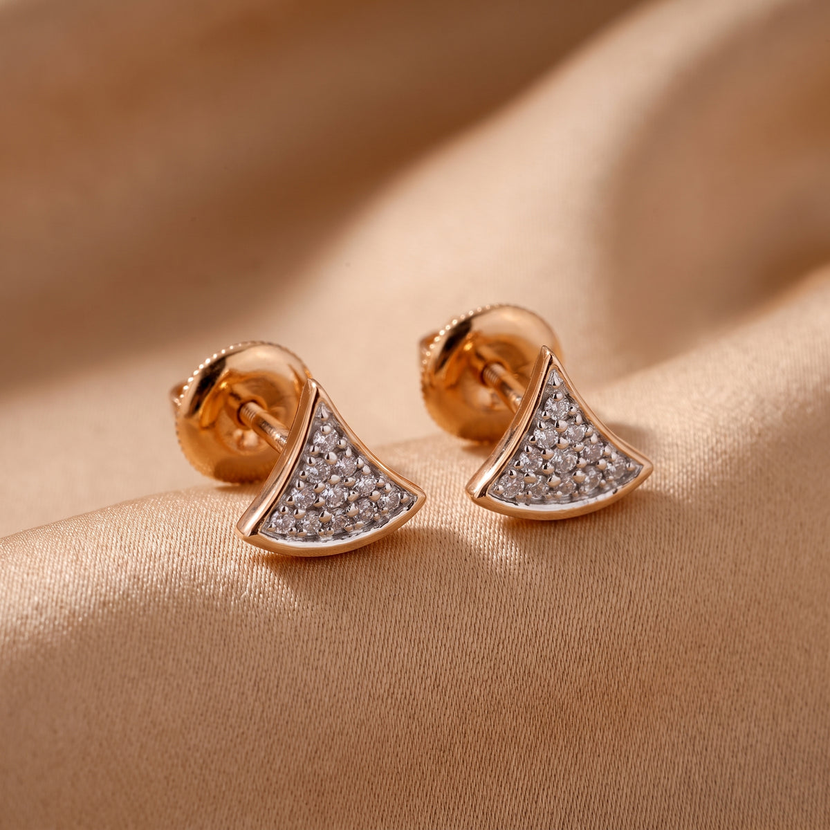 18KT rose gold diamond stud earrings in a fan shape