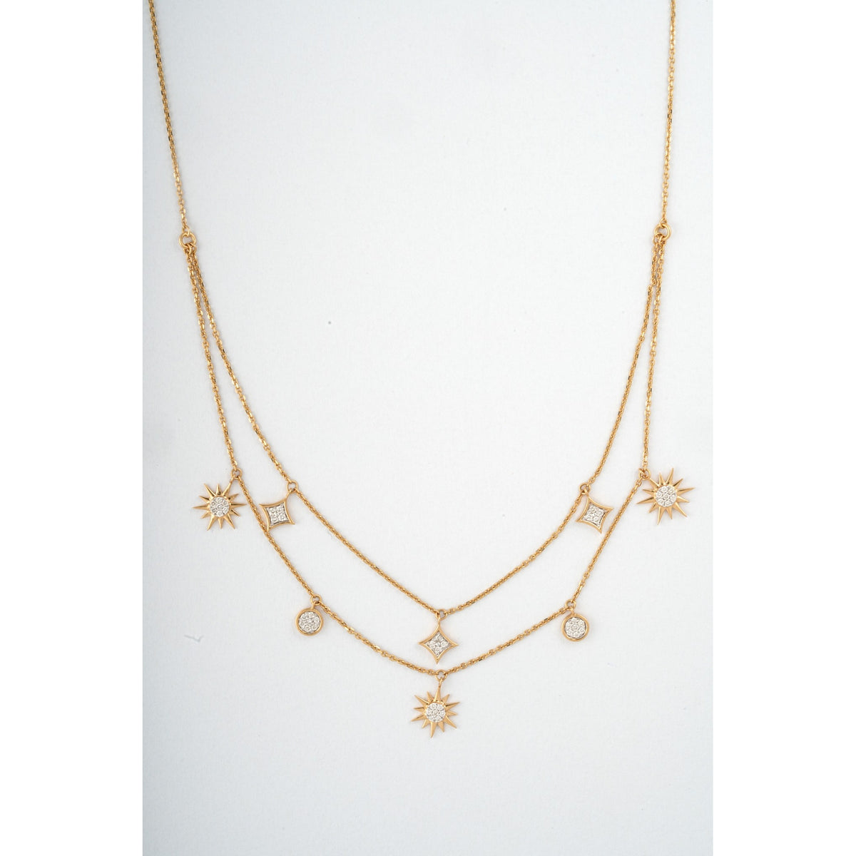Layered Sunburst Charm 18KT Diamond Necklace