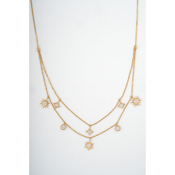 Layered Sunburst Charm 18KT Diamond Necklace