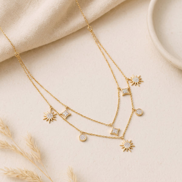 Layered Sunburst Charm 18KT Diamond Necklace