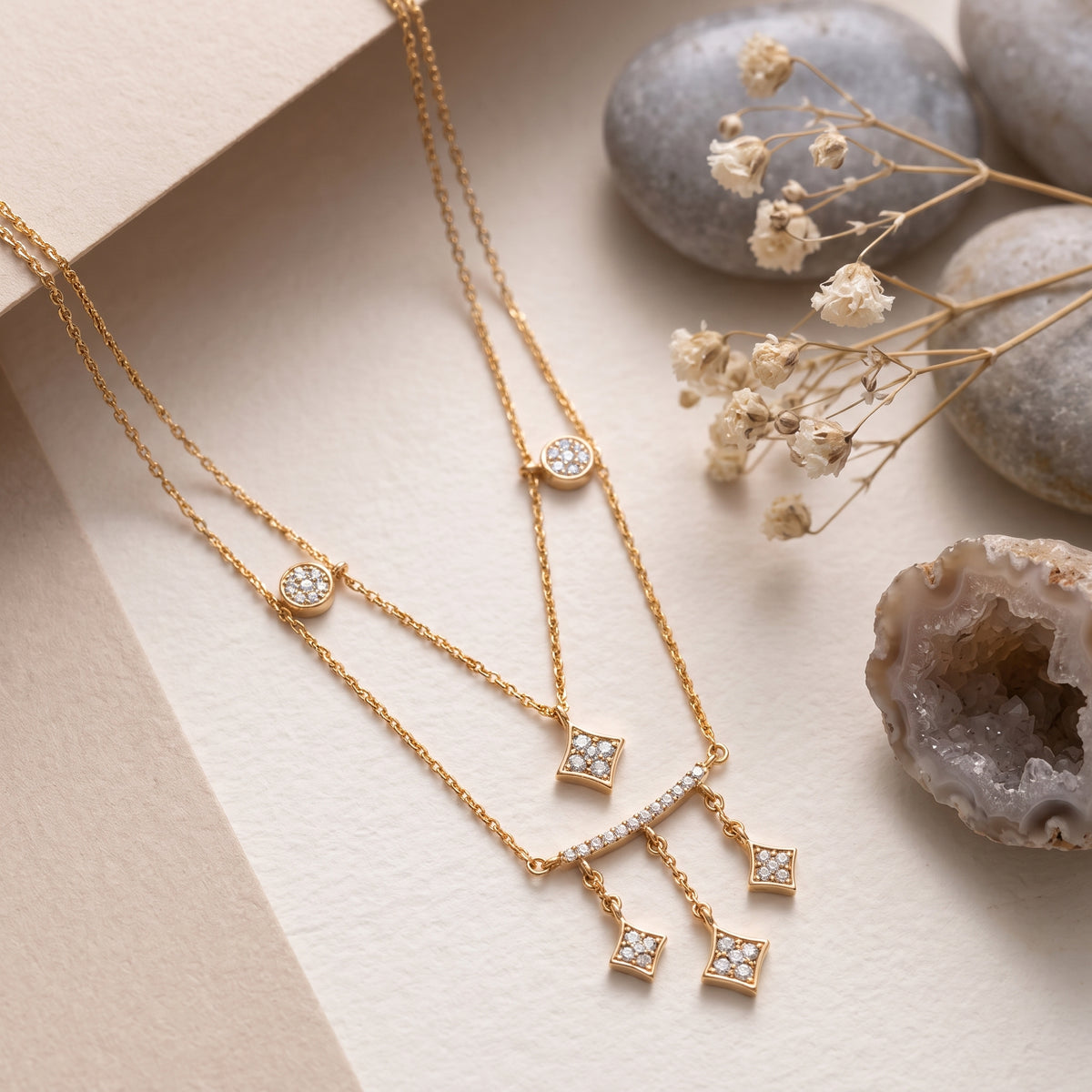 18KT gold diamond necklace with bar and kite shaped tassel charms