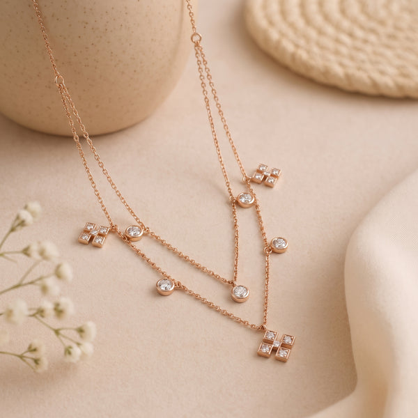 Layered Clover Charm 18KT Diamond Necklace