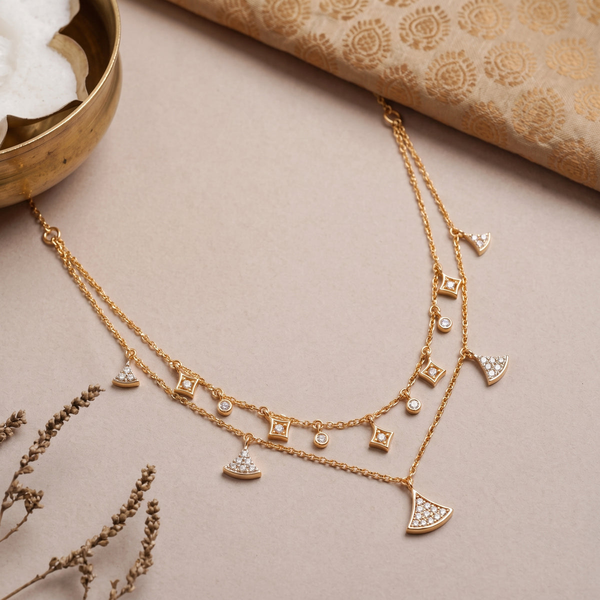 18KT gold diamond necklace with layered chains, fan and kite shaped charms