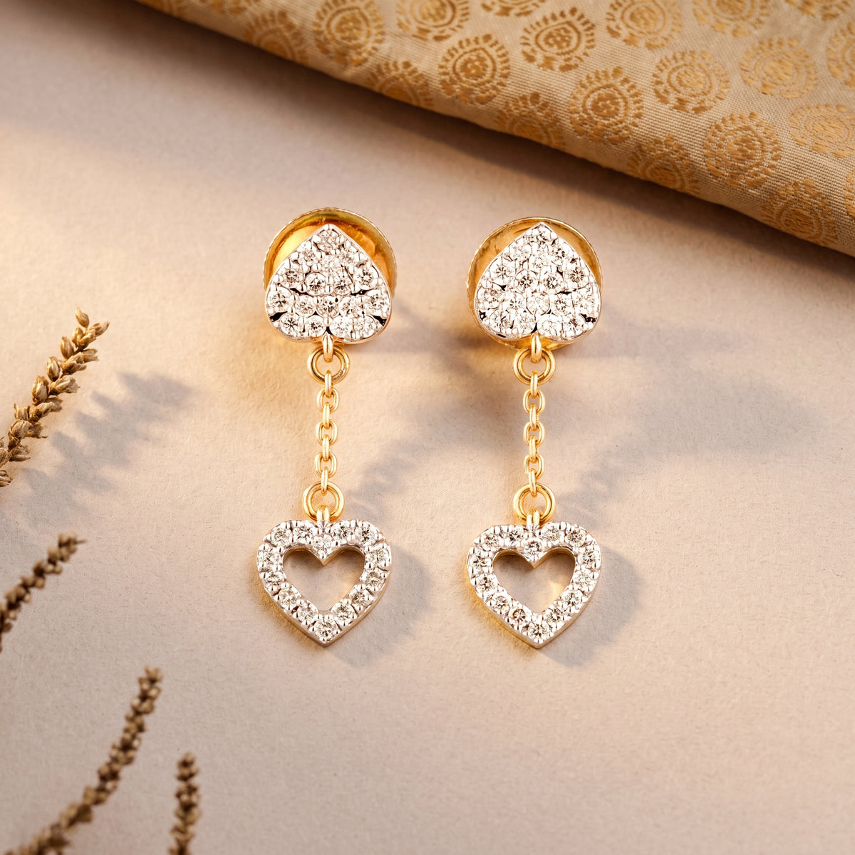 18KT gold diamond drop earrings with pave heart stud and open heart charm