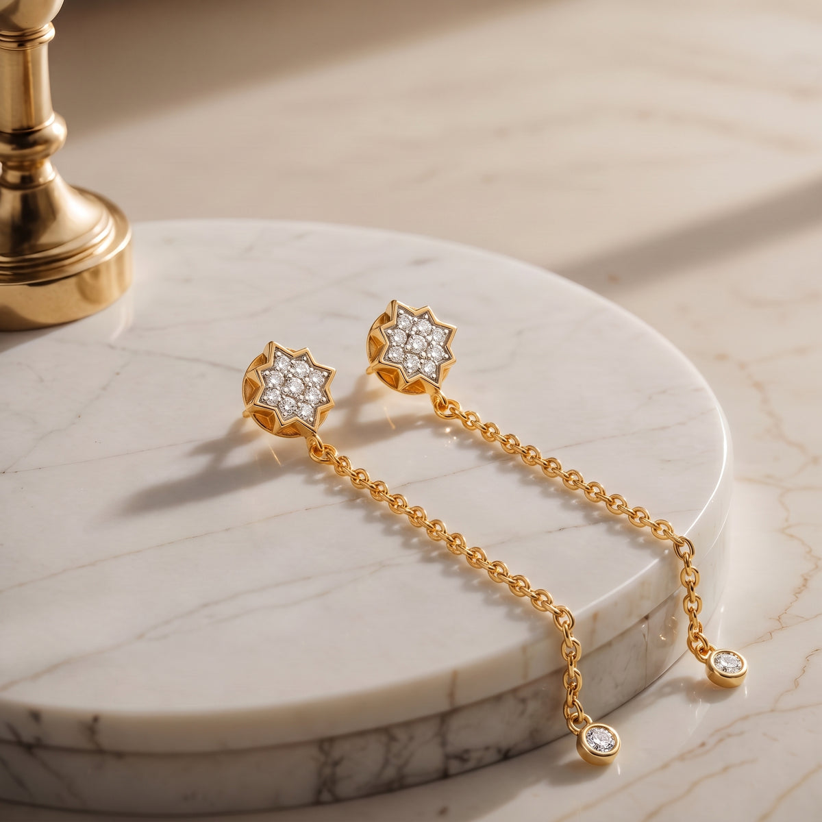 18KT Star Charm Chain Drop Diamond Earrings