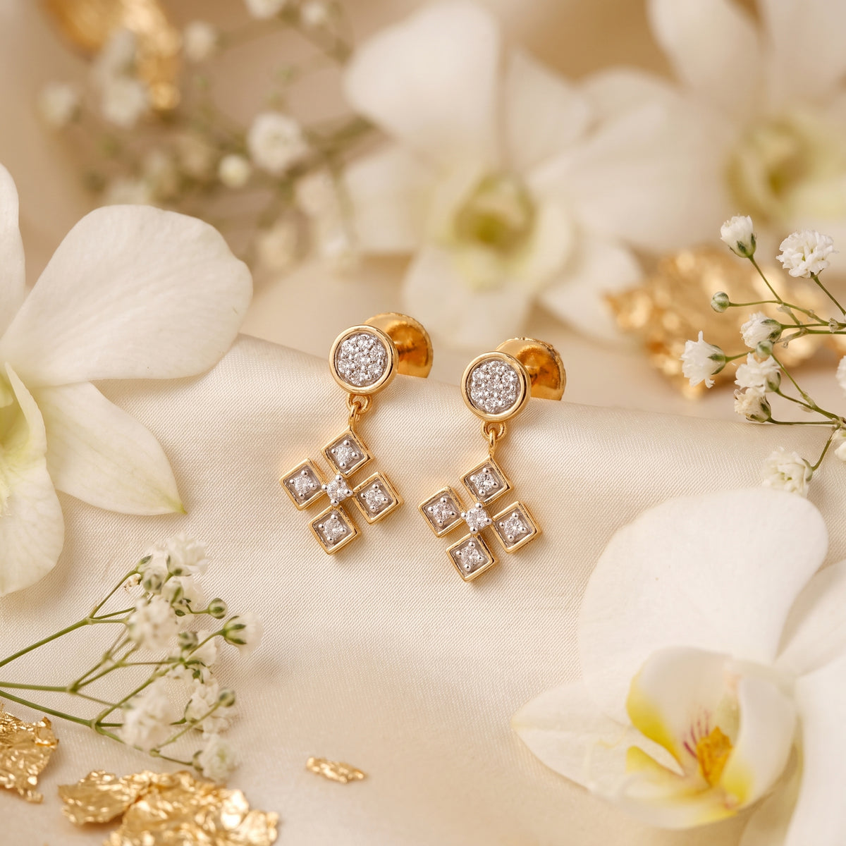 18KT gold diamond drop earrings with round stud and cross motif charm