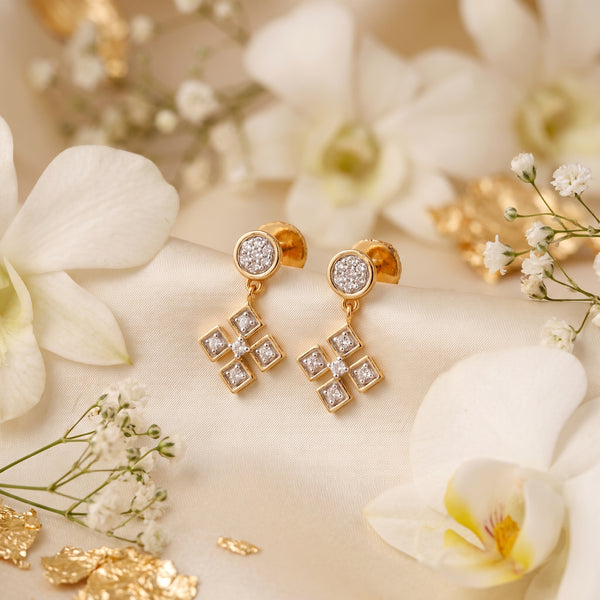 Cross Motif Diamond Drop 18KT Earrings for Daily Wear