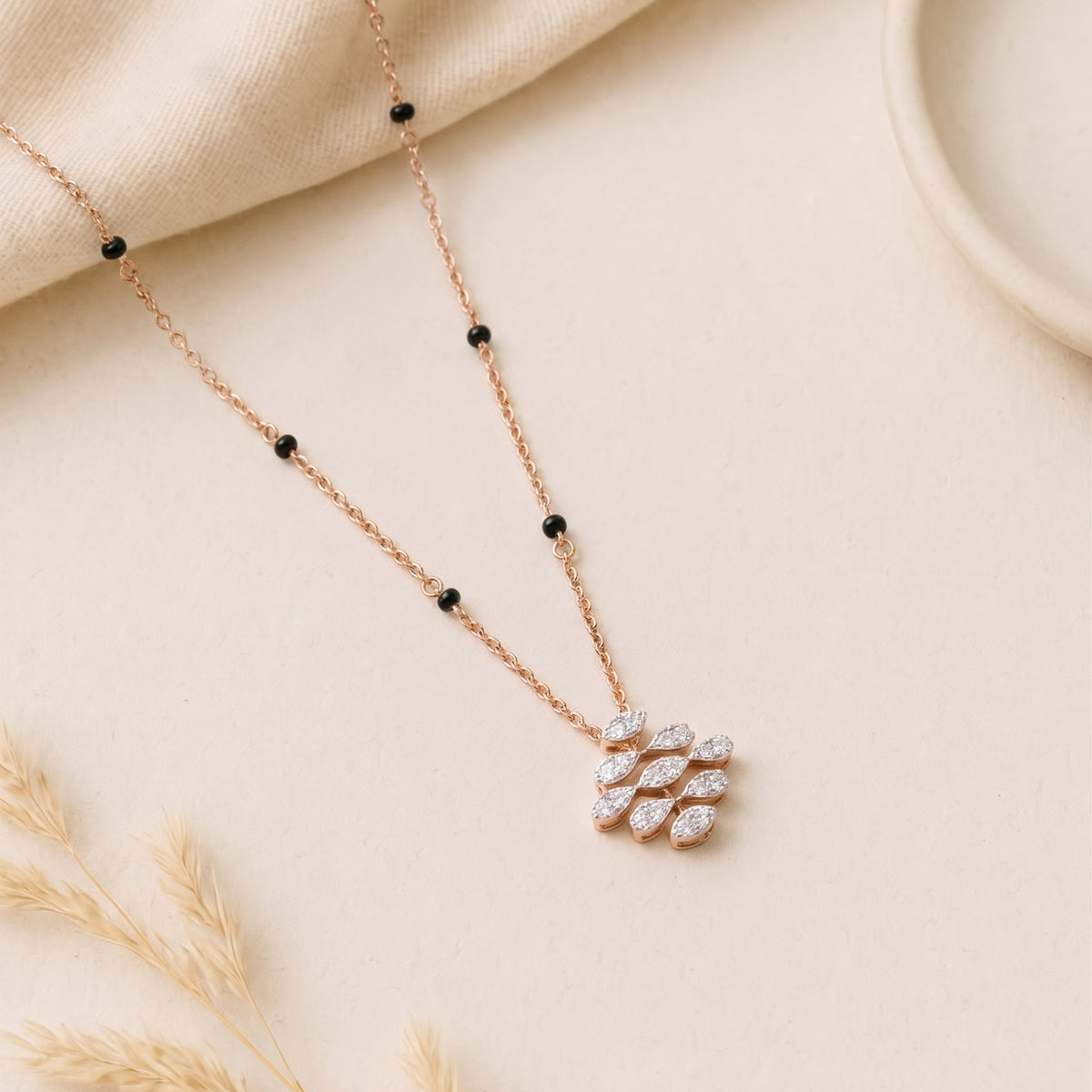 Black Bead Diamond Cluster 18KT Necklace